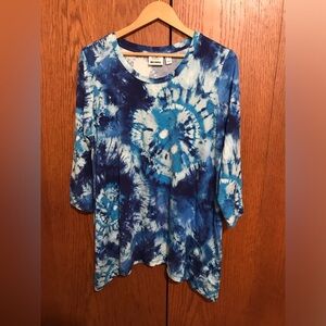 QVC Logo Lori Goldstein Size 1X Blue Tie-Dye Women's Top Blouse Tunic Printed